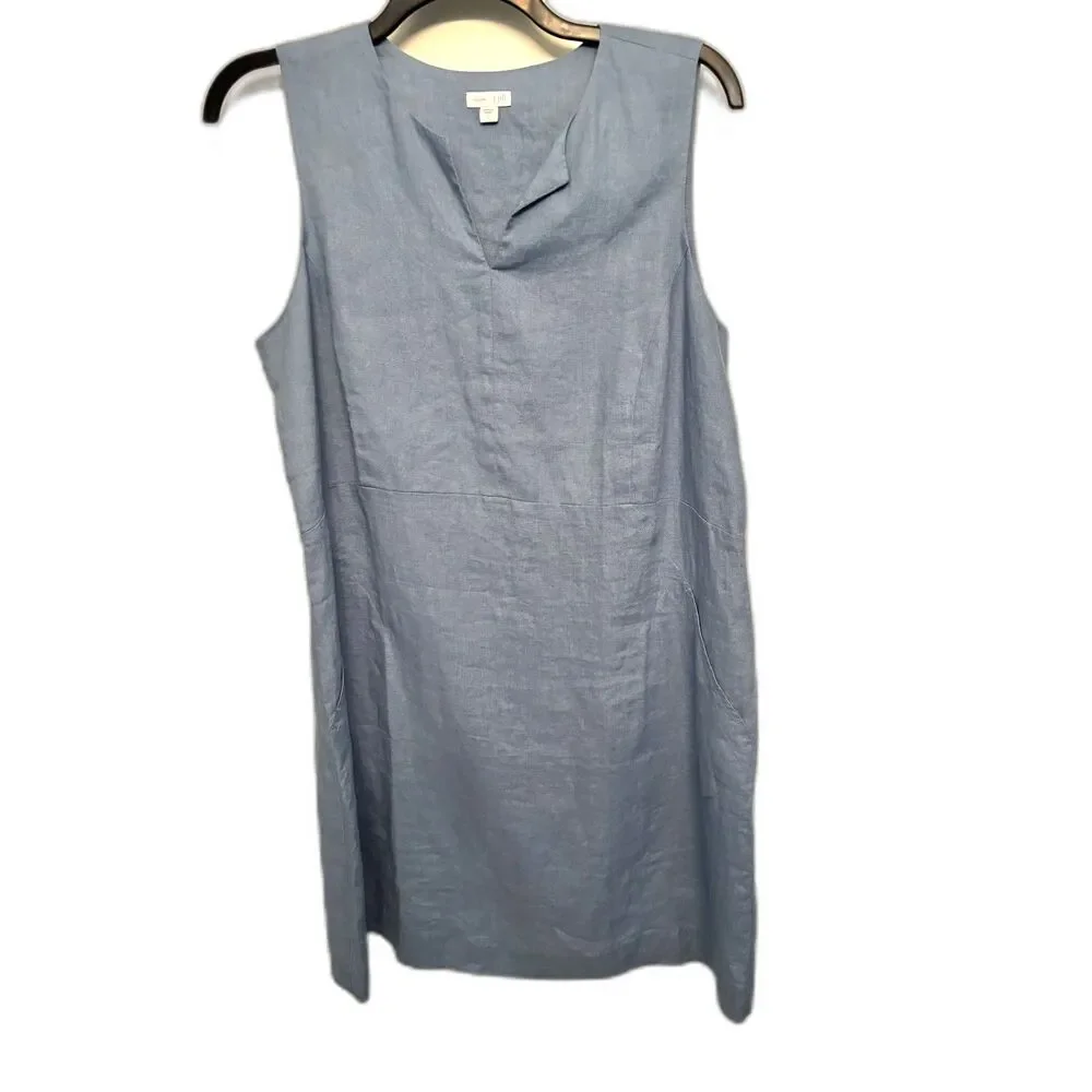 J.Jill Love Linen Blue Sleeveless Dress Size L 100% Linen Shift Midi Casual - Picture 2 of 8
